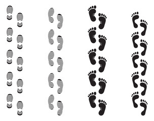 Footprint icons set, barefoot silhouette, shoe sole imprint vector, walking steps symbol, footwear pattern design, black foot shape art, isolated walking icons, sole tracking marks.