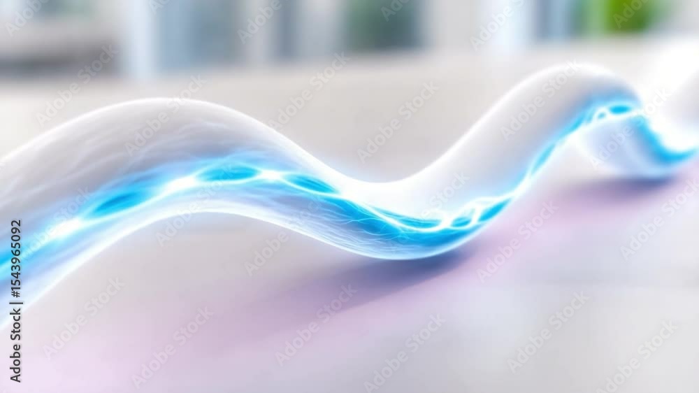 Poster Electric Flow: An abstract depiction of a luminous blue energy stream, surging through a sleek, white channel with a focus on the intricate detail and dynamic movement.