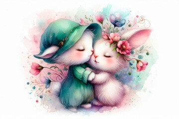 Cute leprechaun bunnies in love, pastel watercolor illustration, romantic rabbit couple hugging, floral wreath, soft fluffy texture, spring mood