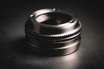 A metal threaded lens adapter sits on a dark surface illuminated by a light from the right