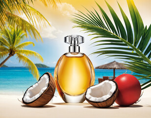 Golden Liquid Perfume: Clear Glass Bottle with Metal Cap, Dark Green Palm Leaves & Coconut, Dramatic Studio Lighting