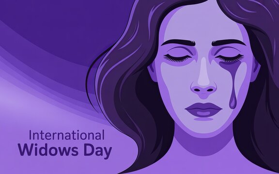 International Widows Day, Sad woman illustration raises awareness for grieving widows globally.