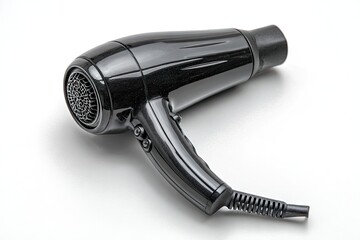 A shiny black hair dryer sits on a white surface