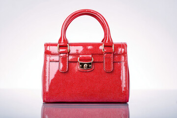 A red patent leather handbag with gold hardware is centered on a reflective surface against a bright backdrop