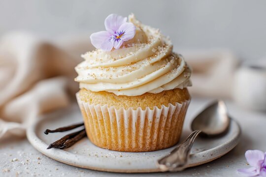 Vanilla Cupcake with Buttercream Frosting and Edible Flower – Soft Minimalist Dessert Styling - Powered by Adobe