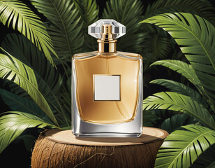 Luxury Amber Perfume Bottle in Tropical Elegance: Golden Glass with Palm Leaves & Coconut, Sophisticated High-End Fragrance