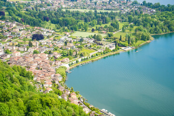 Obraz premium Panorama of a model landscape with mountains and a lake in Switzerland, Caslano