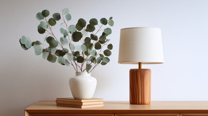 wooden desk lamp with eucalyptus in white vase on white background