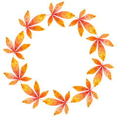 Autumn round frame with watercolor leaves on a white background. Plants arranged in a circle. Hand drawn illustration for your design, print, textile