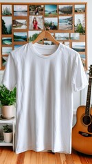 Fototapeta premium Blank white T-shirt placed among Polaroid photos featuring people, nature, and a guitar, creating a warm, artistic atmosphere