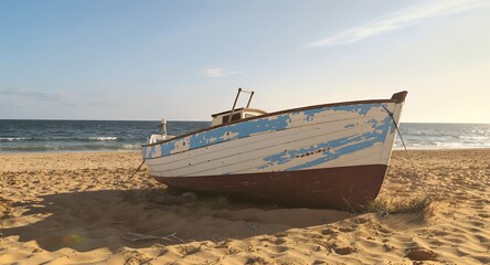 Old wooden fishing boat on sandy beach under warm sunlight. Coastal scene with ocean waves and rustic charm. Ideal for travel, maritime, nostalgia, or seaside lifestyle themes.