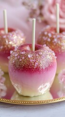 Ombre Pink Caramel Apples with Edible Glitter on Mirrored Tray &ndash; Feminine Candy Styling