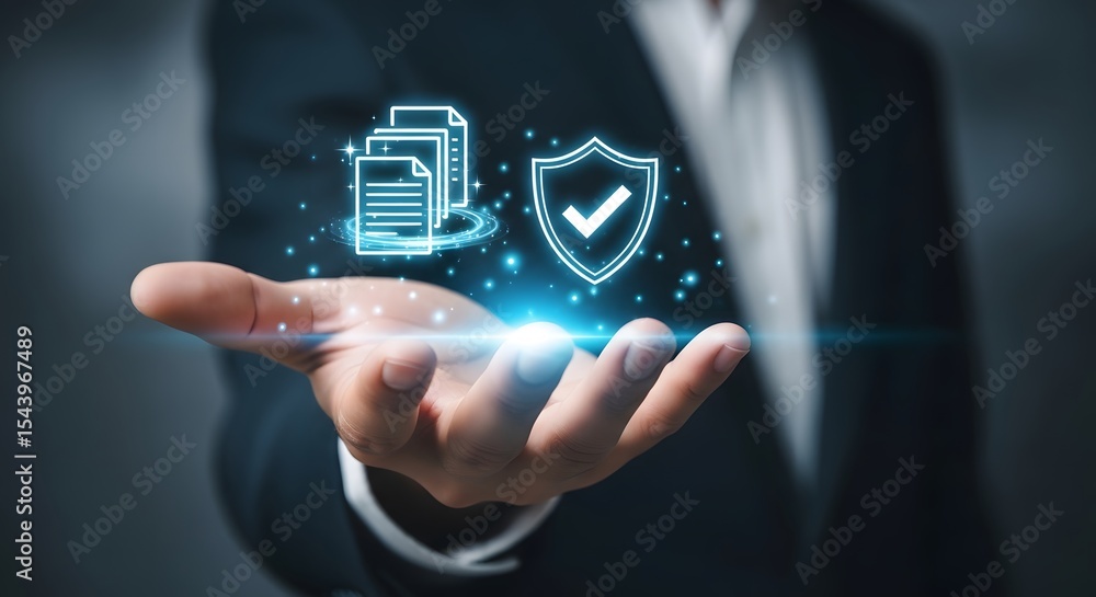 Poster secure data protection concept showing a hand holding digital documents and a shield