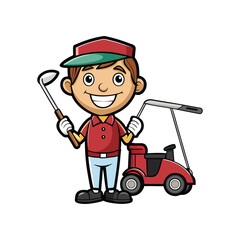 Adorable Cartoon Golfer with Golf Cart and Club Fun Illustration