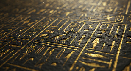 Ultra-detailed close-up of ancient Egyptian cartouches etched into black basalt stone