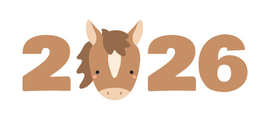 2026 New Year typography, cute cartoon horse face isolated. Flat style vector illustration. Asian zodiac sign, animal character. Chinese Lunar New Year kawaii holiday card, banner, design element