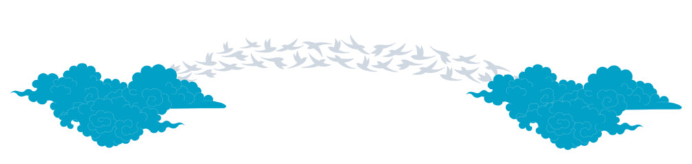 Qixi Festival magpie bridge, flying birds, fluffy clouds illustration, isolated vector. Hand drawn flat style design. Traditional Chinese holiday clip art element. China Valentines Day