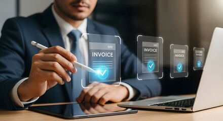 Businessman Approves Digital Invoices Using a Stylus on Tablet Modern Technology for Finance and Accounting