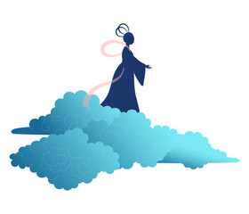 Qixi Festival, Tanabata weaver girl Orihime on fluffy clouds silhouette illustration, isolated vector. Hand drawn flat style design. Traditional Chinese, Japanese holiday element. China Valentines Day