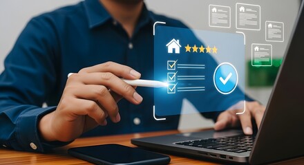 Man using laptop reviews home checklist online app for property assessment stars ratings feedback