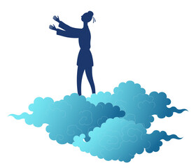 Qixi Festival, Tanabata cowherd, Hikoboshi on fluffy clouds silhouette illustration, isolated vector. Hand drawn flat style design. Traditional Chinese, Japanese holiday element. China Valentines Day