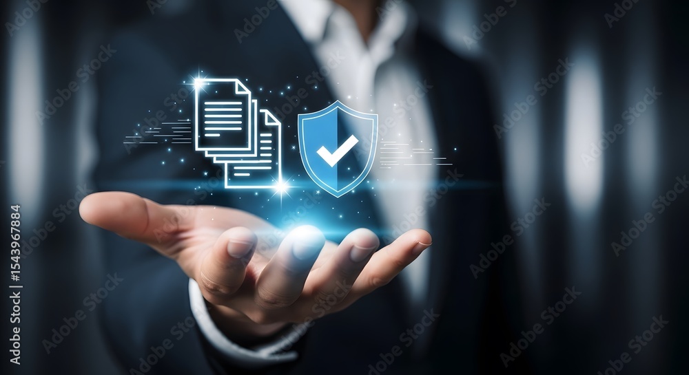 Aufkleber secure data protection concept a businessman's hand displays digital document security and a verifie