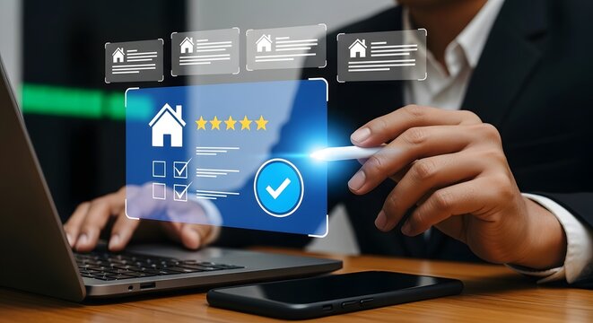A professional uses digital technology to assess real estate property reviews and ratings online for home buyers.