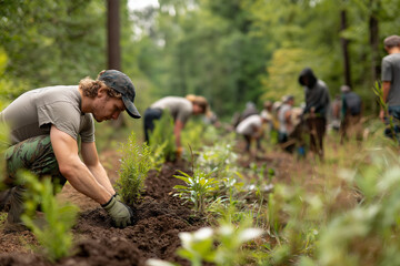 Employees planting native trees in restored habitat areas, soft natural light and team cooperation vibe.