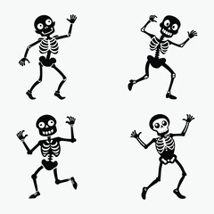 black and white dancing skeletons silhouette in funny poses, Halloween vector illustration on white background

