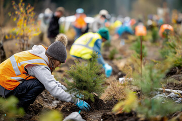 Employees planting native trees in restored habitat areas, soft natural light and team cooperation vibe.