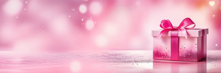 Pink gift box with bow on blured bokeh background. Banner