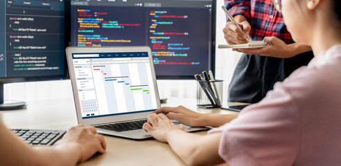 Project planning software for brisk business project management on the computer screen showing...