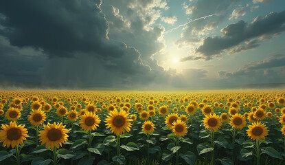 Sunflowers in a Field Under a Dramatic Stormy Sky
