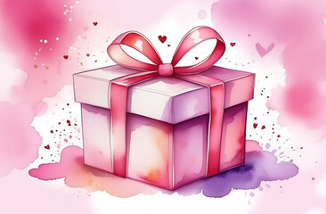 Pink gift box with bow on blured bokeh background. Banner