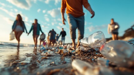 A poignant image showcasing a beach cleanup with individuals walking along the shore, illustrating the urgent need to combat plastic pollution for a cleaner environment.