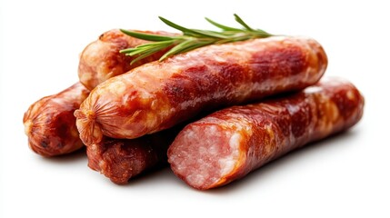A collection of tasty smoked sausages garnished with a sprig of rosemary, showcasing their rich colors and textures against a clean white backdrop for an enticing look.