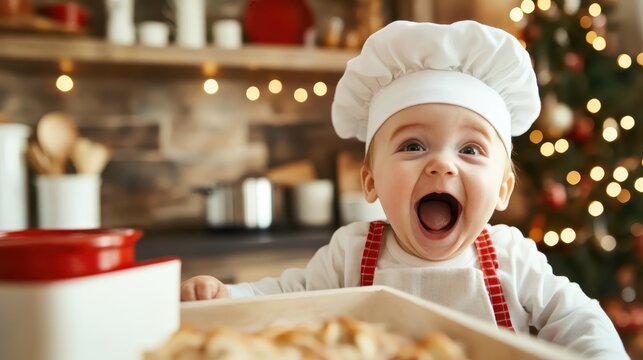A joyful baby wearing a chef hat beams with excitement in a cozy kitchen setting, embodying the innocence and joy of childhood through a culinary-themed moment.