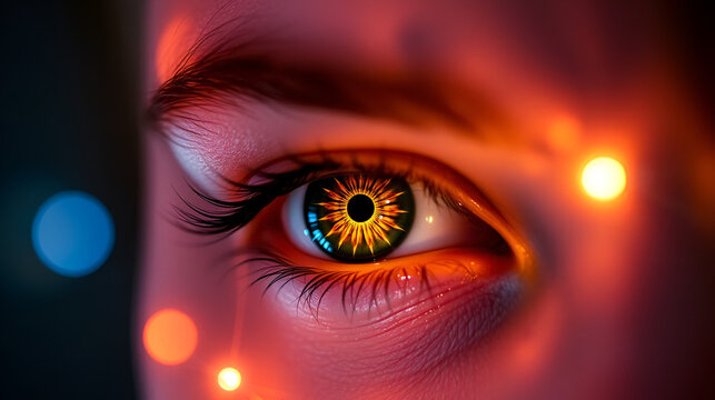 Young woman s eye in mesmerizing lights, expressing clairvoyant vision and spiritual emotion