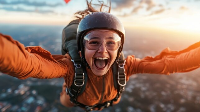 A skydiver joyfully captures the thrill of freefall against the stunning backdrop of a sunset, showing the thrill and excitement of adventure sports.