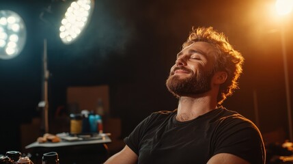 A relaxed man with a beard smiles peacefully in a studio, illuminated by warm lights, encapsulating the essence of tranquility and satisfaction in a creative environment.