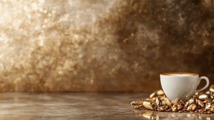 A chic coffee cup sits amid scattered golden rocks on a glittering surface, exuding a sense of richness and warmth, perfect for coffee enthusiasts and luxury lovers.