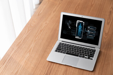 Medical science technology and futuristic healthcare virtual computer software analyze human health...