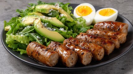 Sausage, avocado, and boiled eggs arranged on a plate with fresh salad against a minimalistic grey concrete backdrop