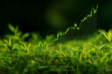 Graph rising from field of grass merging into digital chart, symbol of green growth in business.