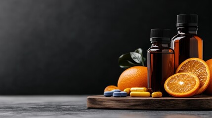 A vibrant arrangement of health supplements and fresh oranges, representing well-being, vitality, and the importance of nutrition in maintaining a healthy lifestyle.