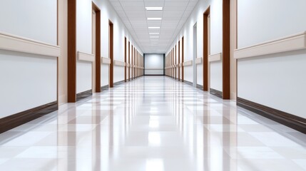 Obraz premium A spacious, well-lit corridor showcasing modern design and a clean aesthetic, creating a serene atmosphere ideal for navigation and movement without distraction.