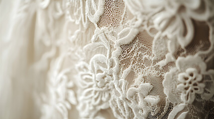Close up view of delicate white lace fabric. Abstract pattern of mesh and floral embroidery,...