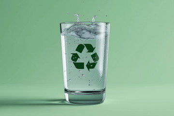 Glass filled with slightly tinted water and recycling symbol floating above, metaphor for reuse.