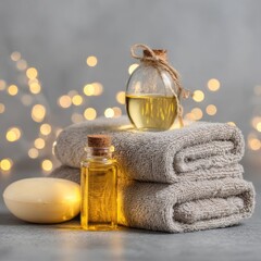 Two small amber glass bottles of oil, a bar of soap, and a stack of beige towels, illuminated by soft fairy lights on a gray background