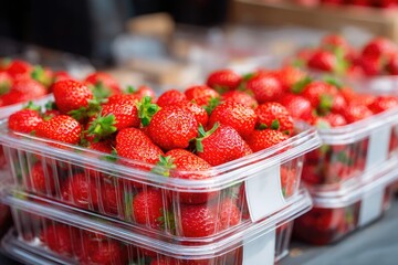 Two stacked clear plastic containers overflowing with vibrant red strawberries at a market stall